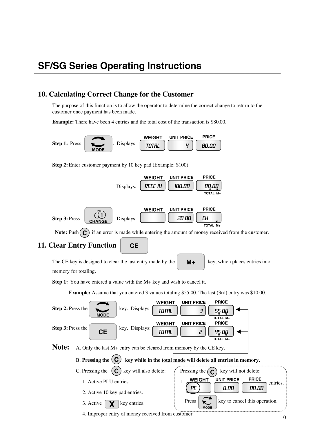 A&D SF/SG instruction manual Calculating Correct Change for the Customer, Clear Entry Function 