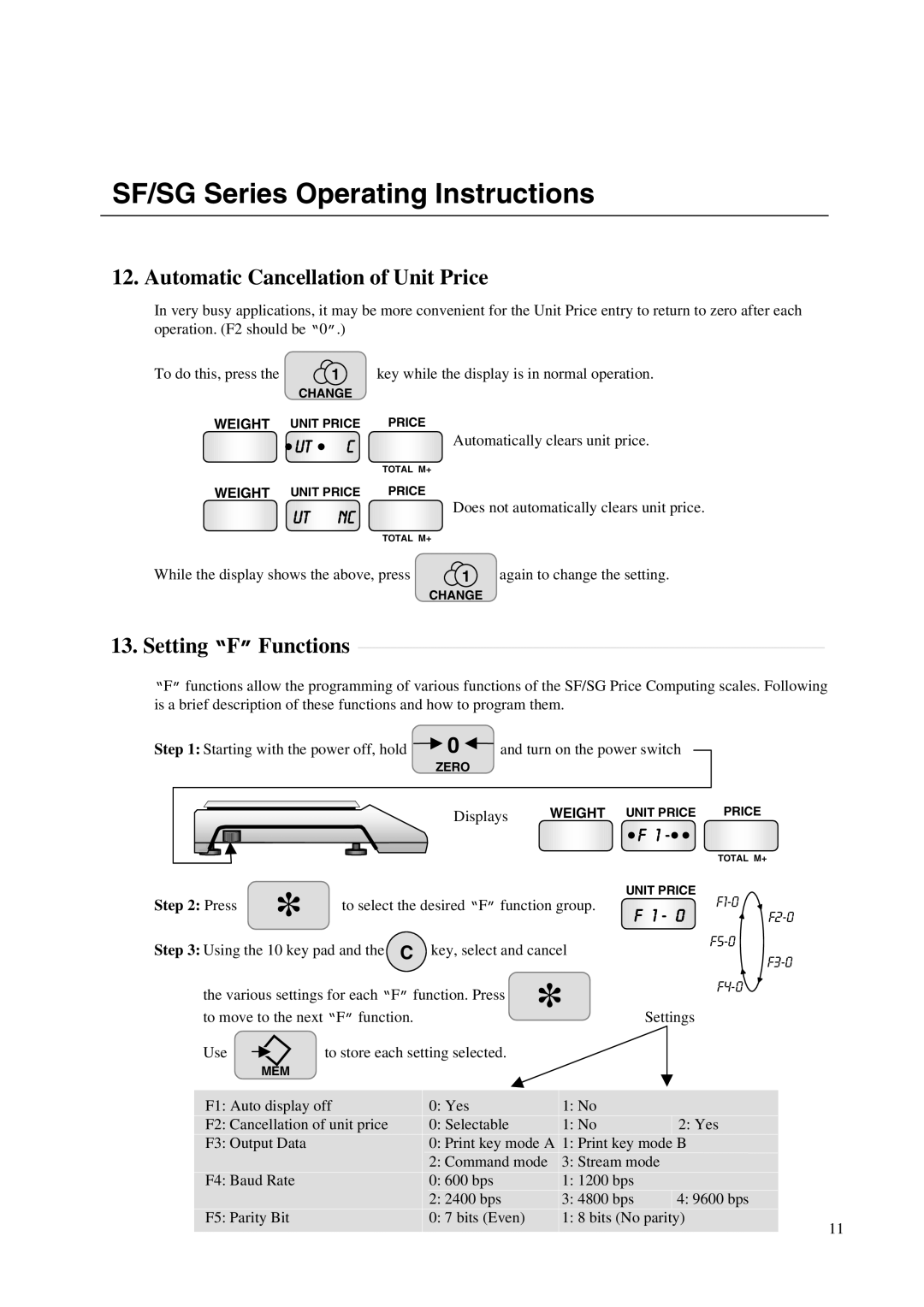 A&D SF/SG instruction manual Automatic Cancellation of Unit Price, Setting F Functions 