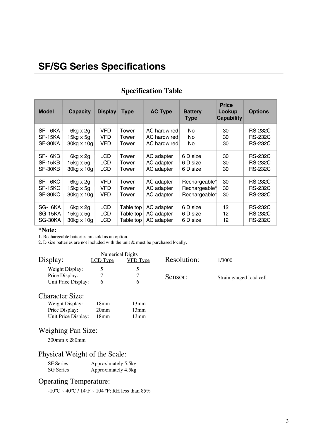 A&D instruction manual SF/SG Series Specifications, Specification Table 