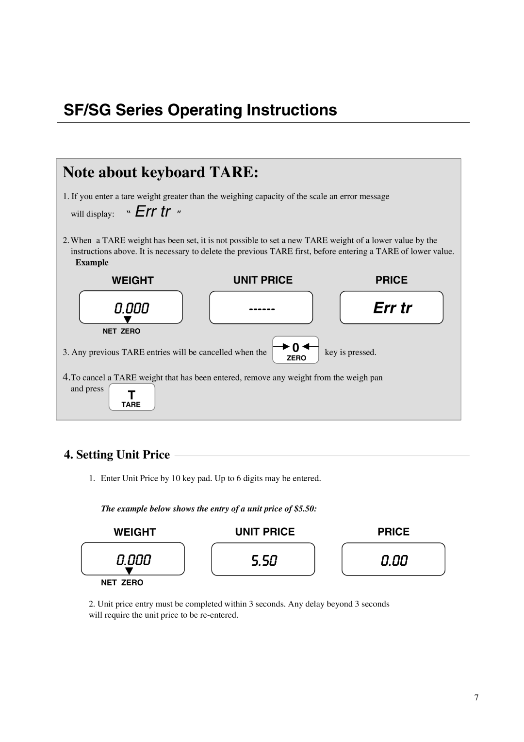 A&D SF/SG instruction manual Err tr, Setting Unit Price 