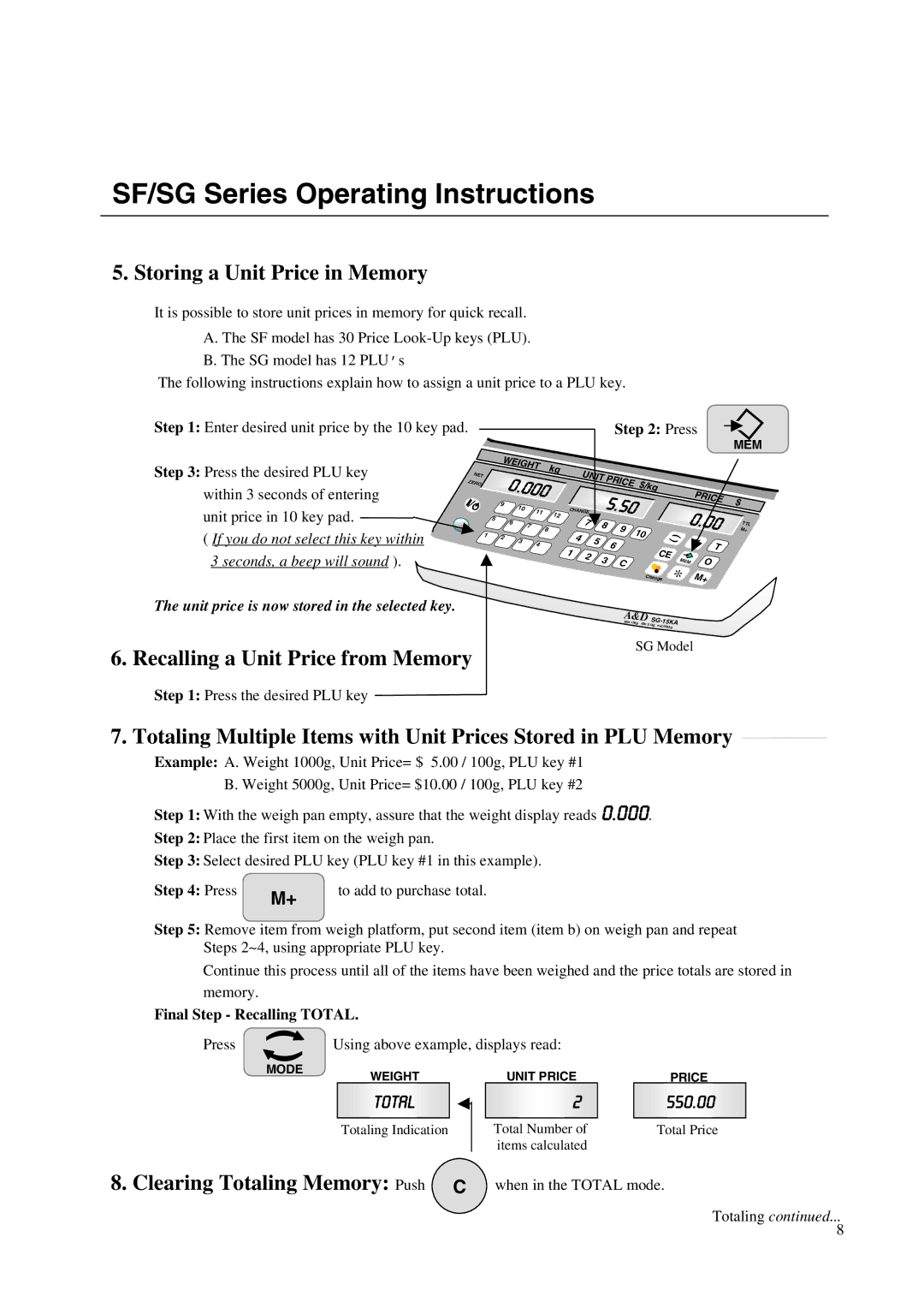 A&D SF/SG instruction manual Storing a Unit Price in Memory, Recalling a Unit Price from Memory 