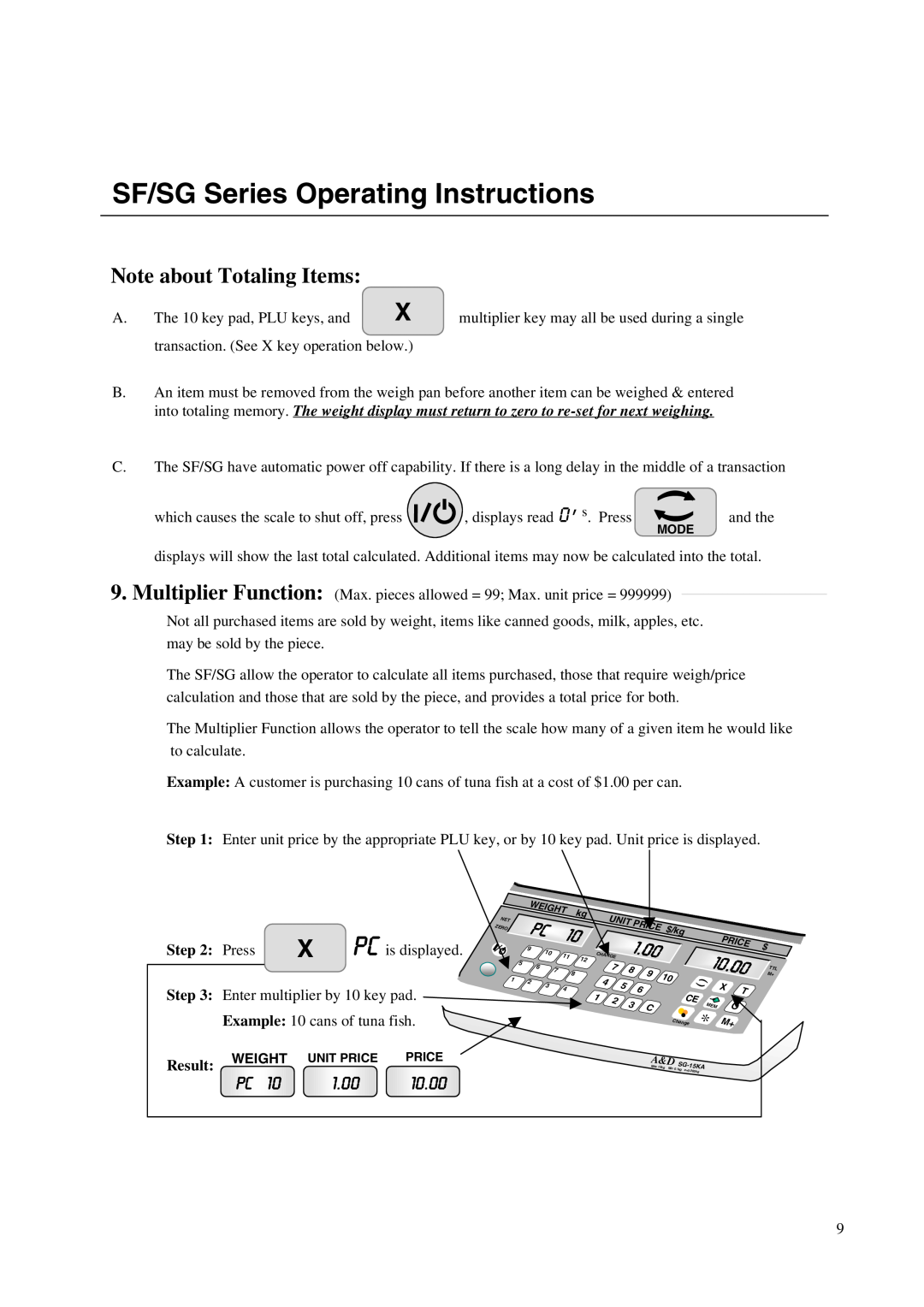 A&D instruction manual Note about Totaling Items, 1.00, 10.00, SF/SG Series Operating Instructions, Press, Result 