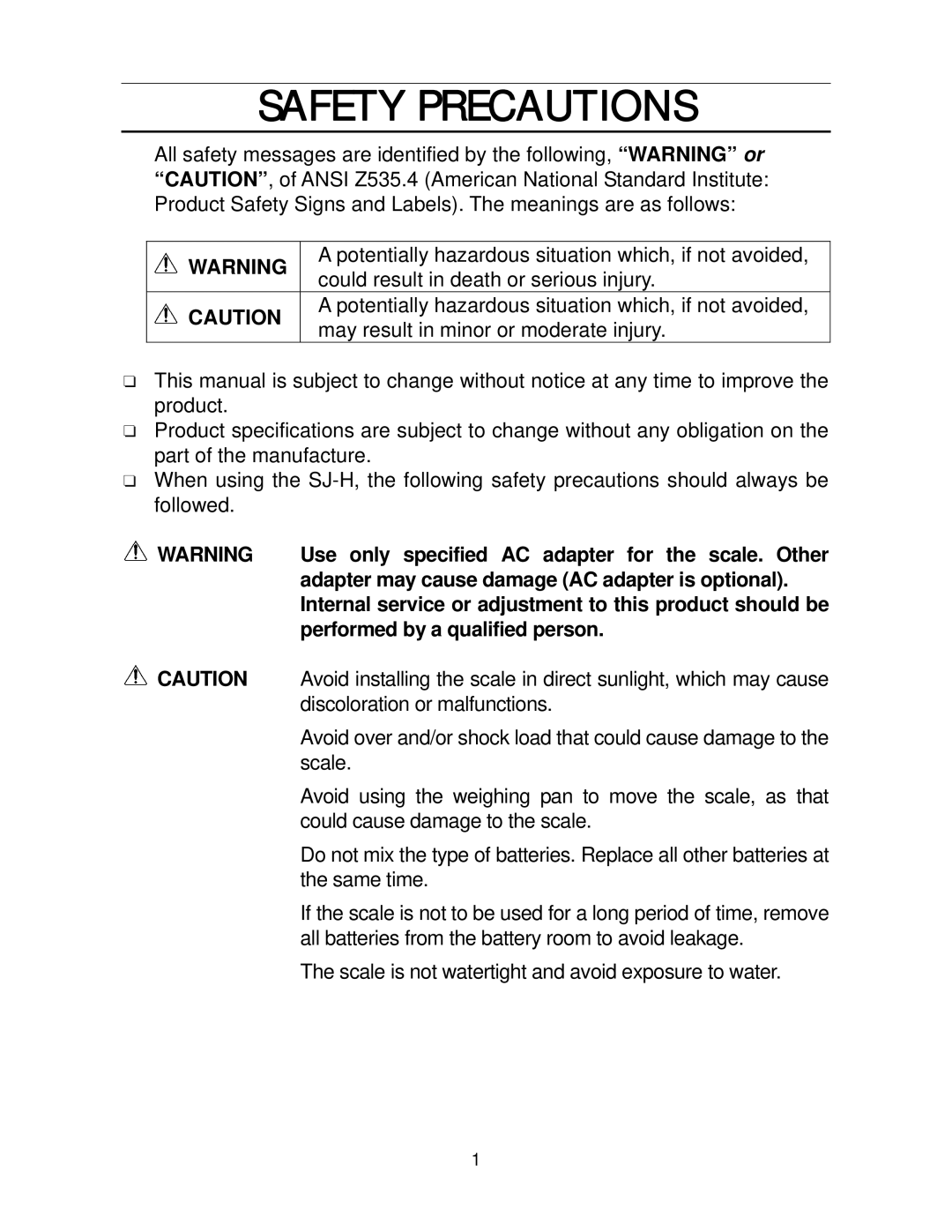 A&D SH-1000H/SJ-2000H/SJ-5000H/SJ-12KH manual Safety Precautions, Use only specified AC adapter for the scale. Other 