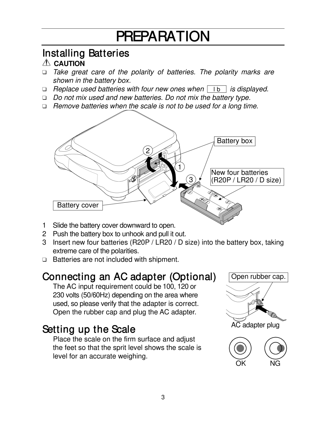 A&D SH-1000H/SJ-2000H/SJ-5000H/SJ-12KH manual Preparation, Installing Batteries, Setting up the Scale 