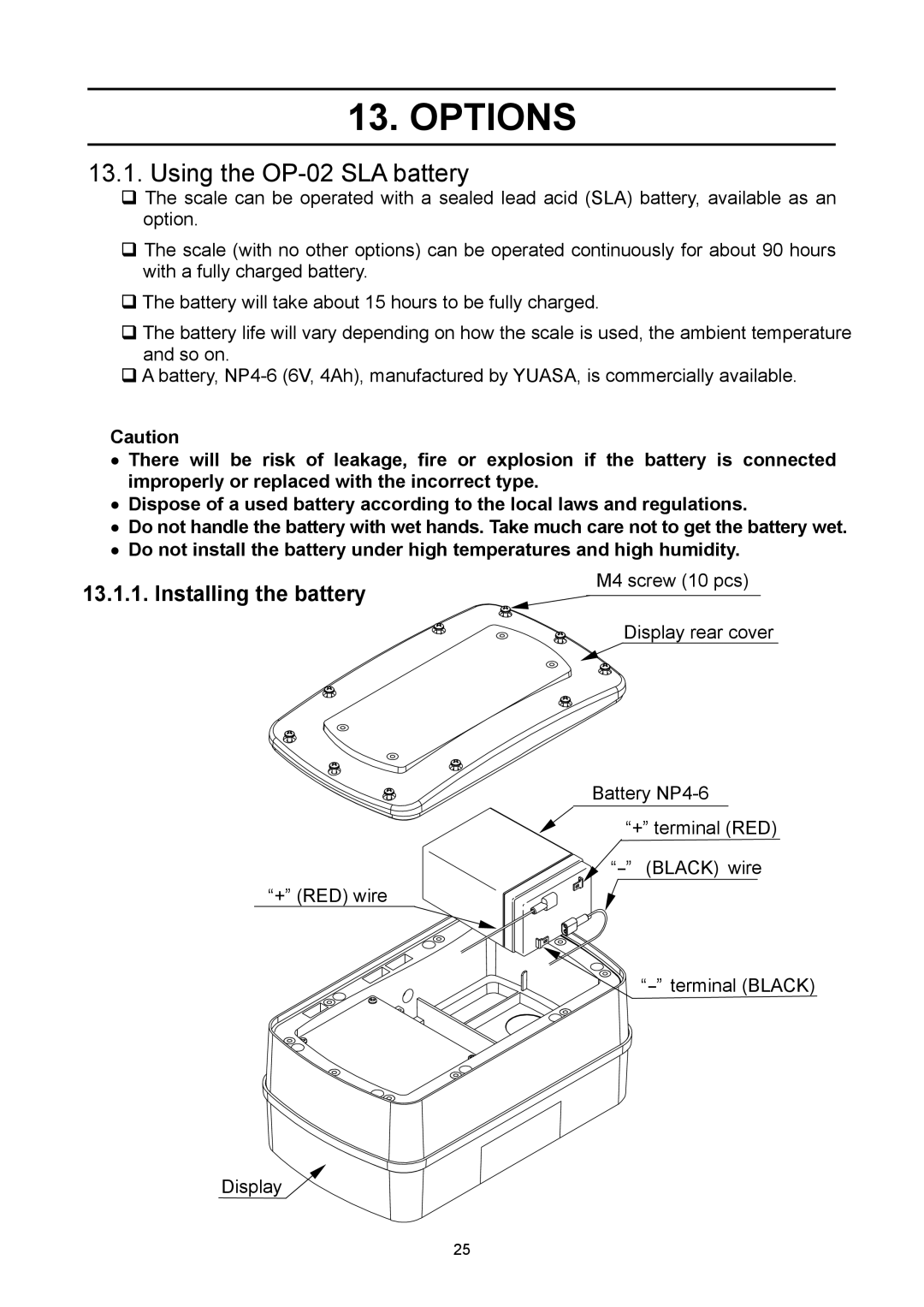 A&D SW-60KM, SW-6KS, SW-30KM, SW-60KL, SW-150KM, SW-15KM, SW-15KS Options, Using the OP-02 SLA battery, Installing the battery 