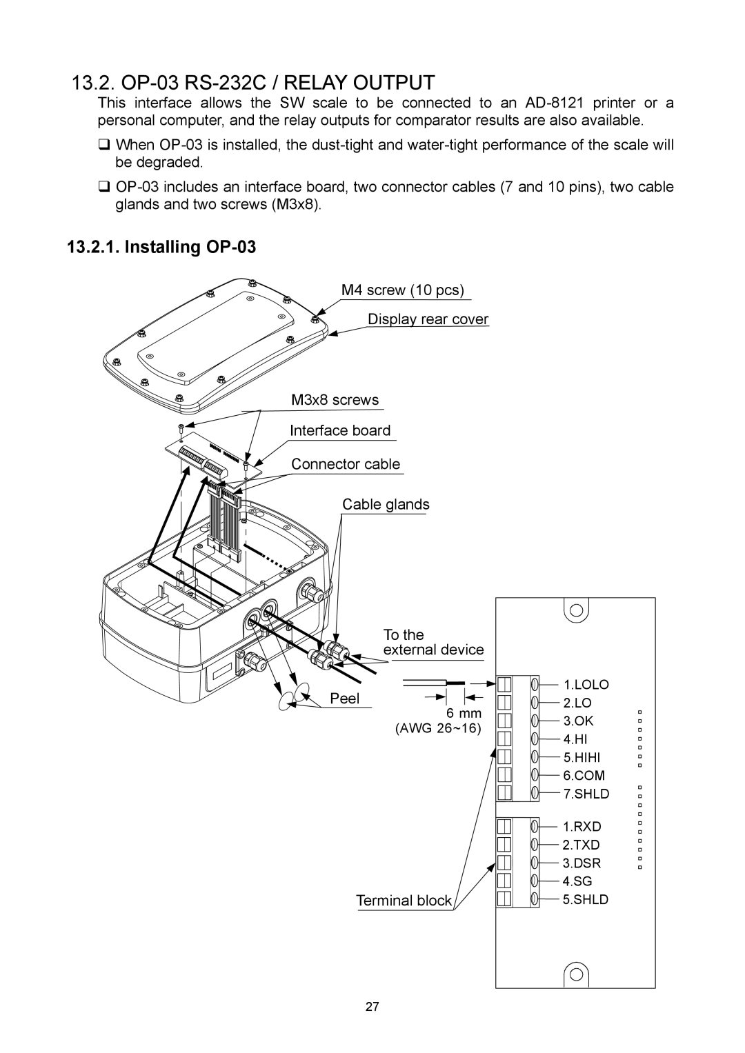 A&D SW-15KM, SW-6KS, SW-30KM, SW-60KL, SW-60KM, SW-150KM, SW-15KS, SW-150KL manual OP-03 RS-232C / Relay Output, Installing OP-03 