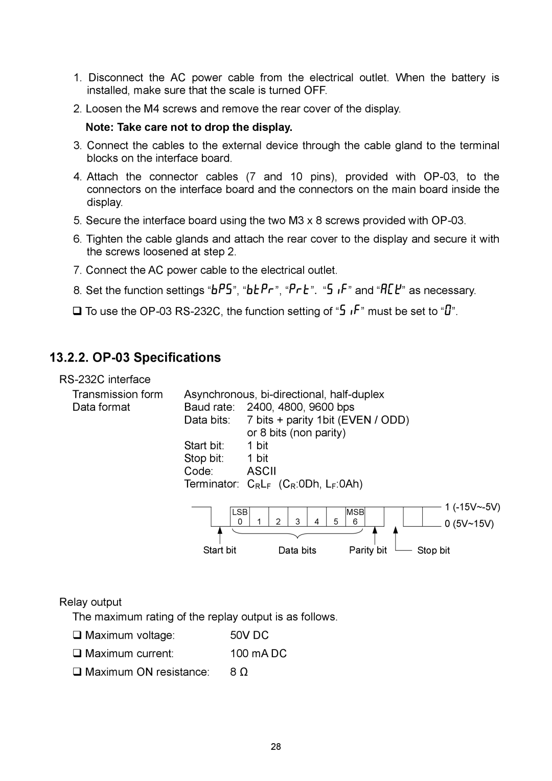 A&D SW-15KS, SW-6KS, SW-30KM, SW-60KL, SW-60KM, SW-150KM, SW-15KM, SW-150KL manual OP-03 Specifications, Ascii 