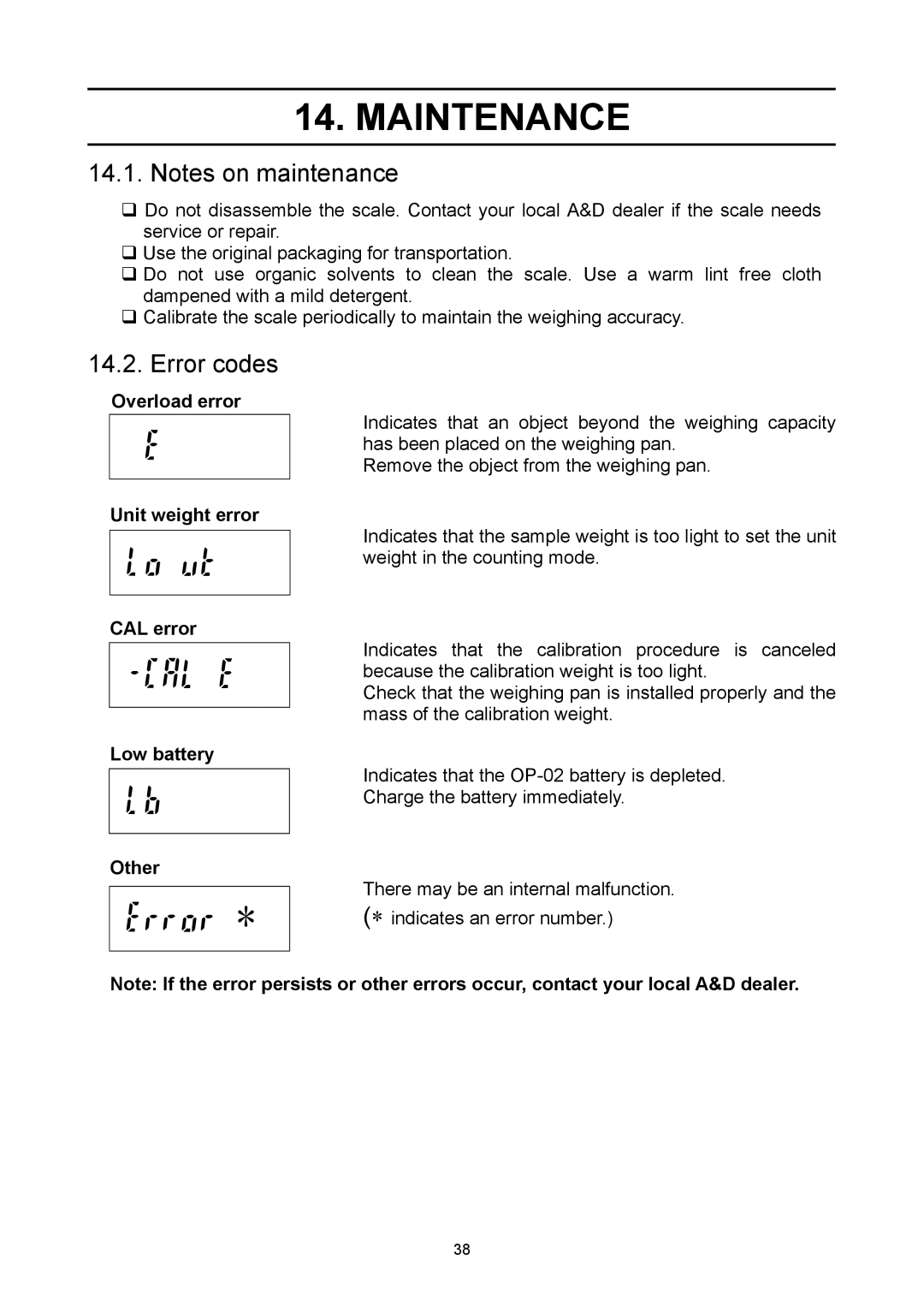 A&D SW-6KS, SW-30KM, SW-60KL, SW-60KM, SW-150KM, SW-15KM, SW-15KS, SW-150KL manual Maintenance, Error codes 