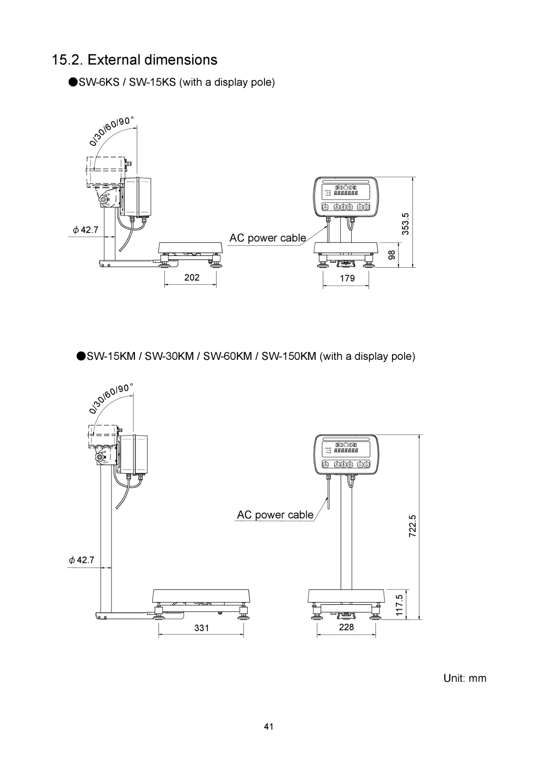 A&D SW-60KM, SW-6KS, SW-30KM, SW-60KL, SW-150KM, SW-15KM, SW-15KS, SW-150KL manual External dimensions 