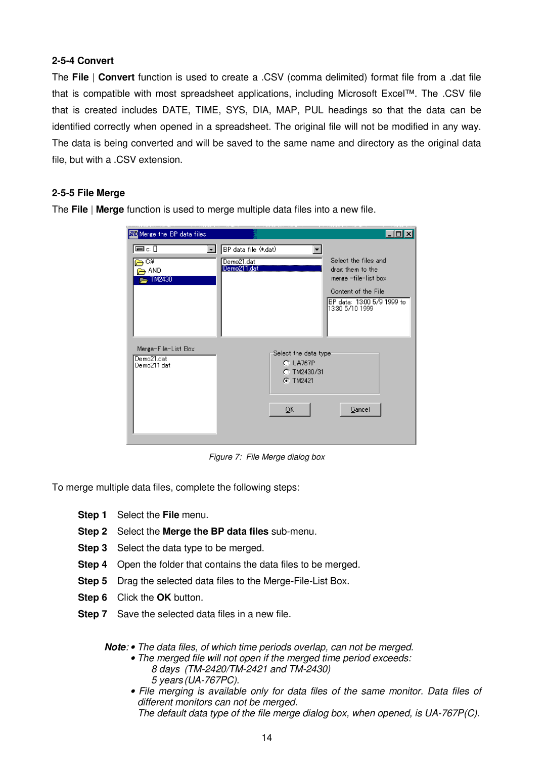 A&D TM-2430-13 instruction manual Convert, File Merge, Select the Merge the BP data files sub-menu 