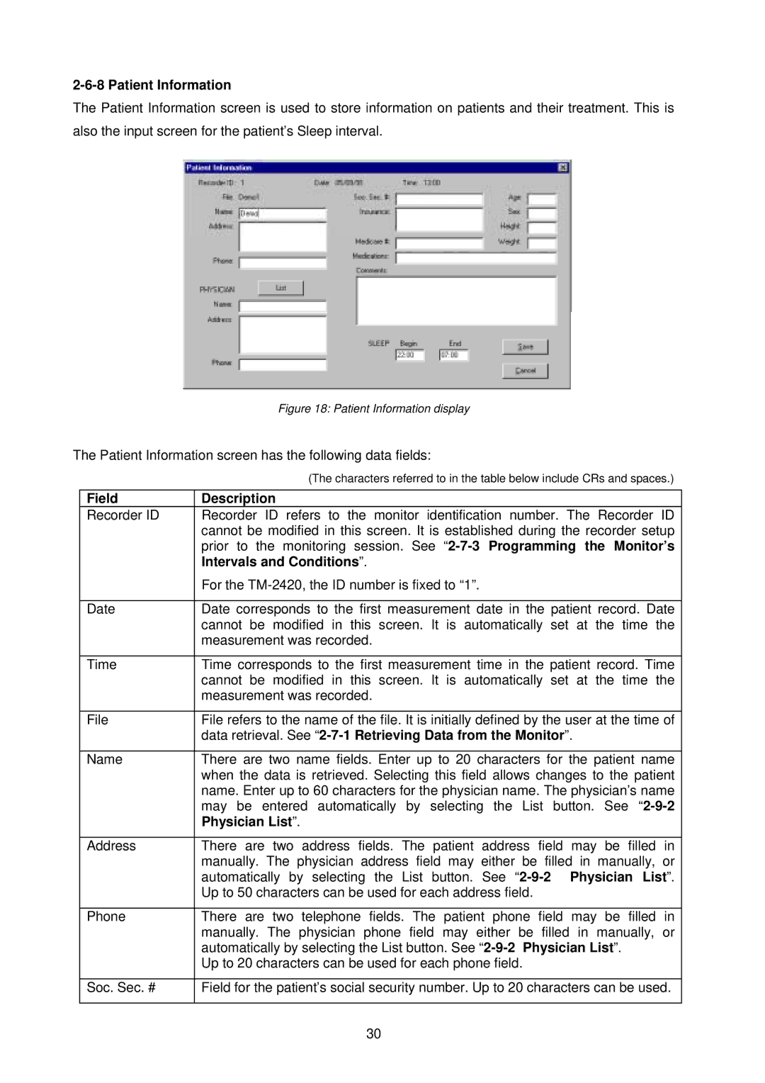 A&D TM-2430-13 Field Description, Intervals and Conditions, Data retrieval. See 2-7-1 Retrieving Data from the Monitor 