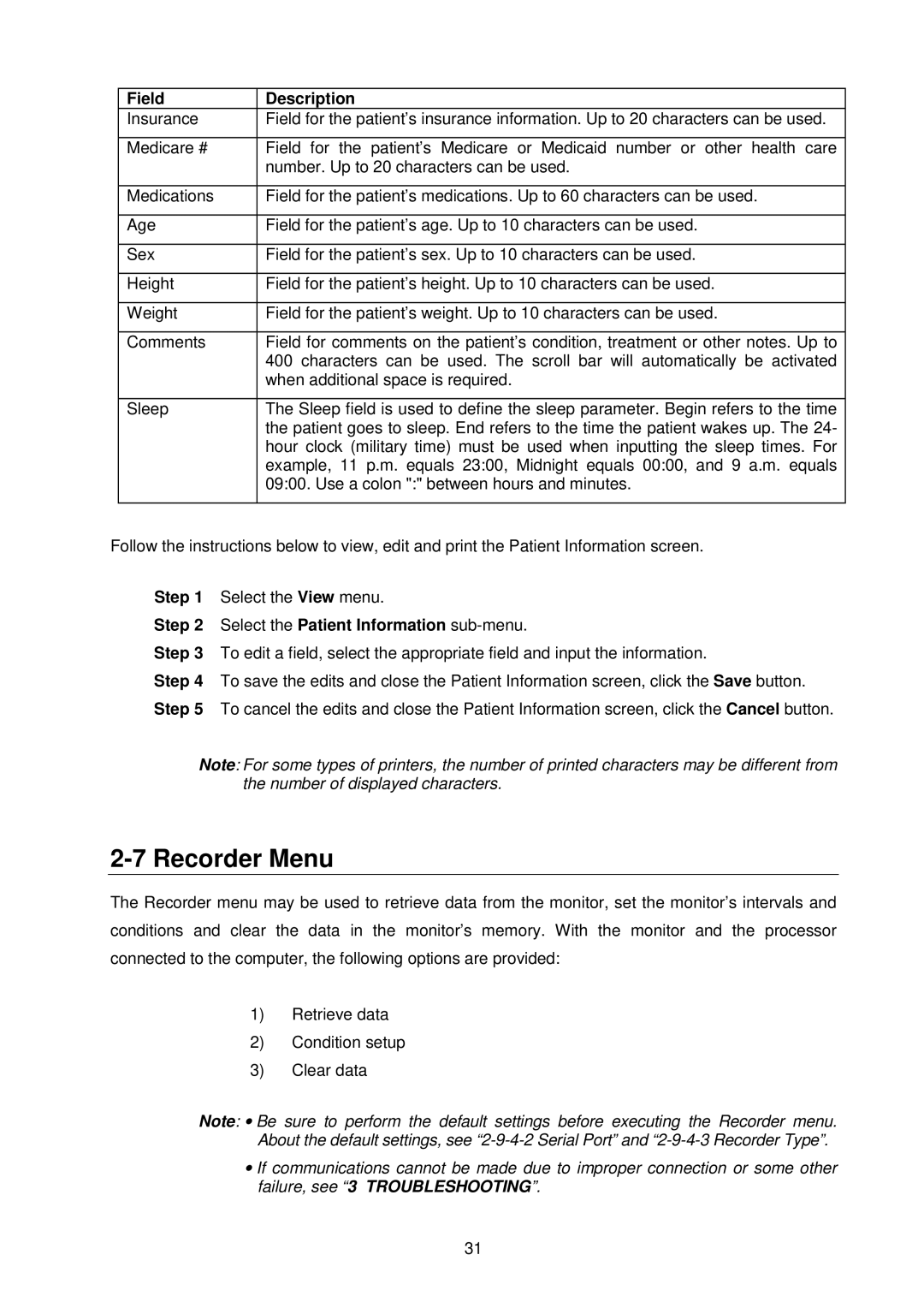 A&D TM-2430-13 instruction manual Recorder Menu, Select the Patient Information sub-menu 