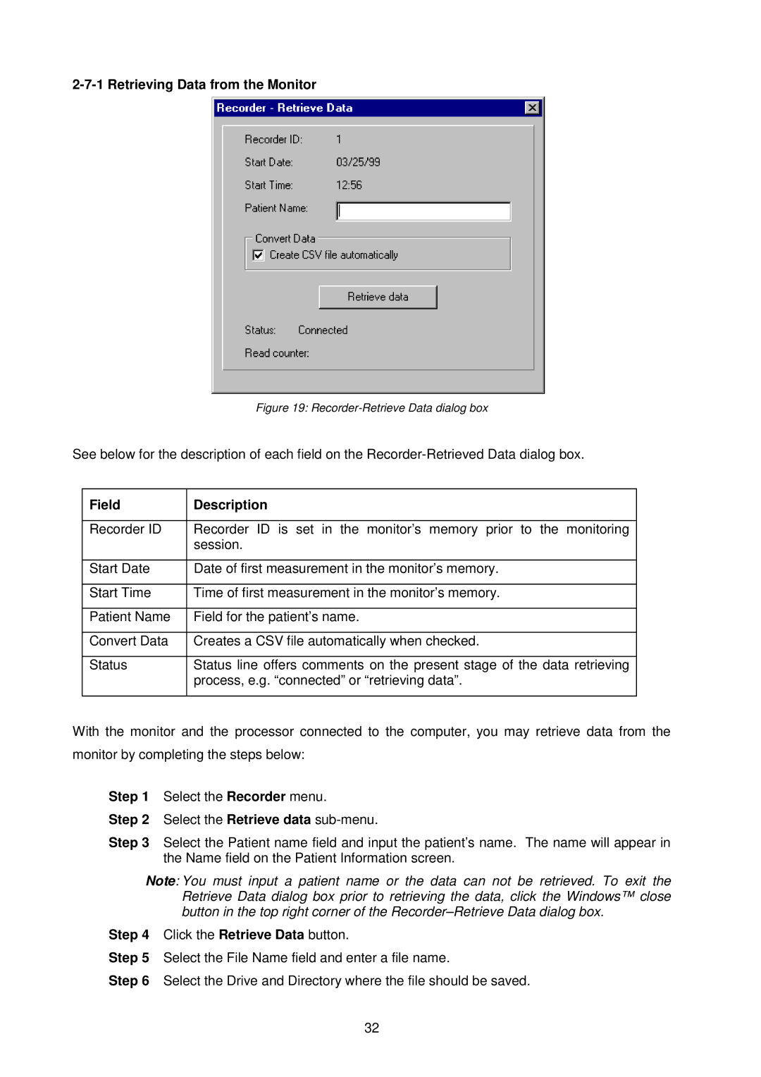 A&D TM-2430-13 Retrieving Data from the Monitor, Select the Recorder menu Select the Retrieve data sub-menu 