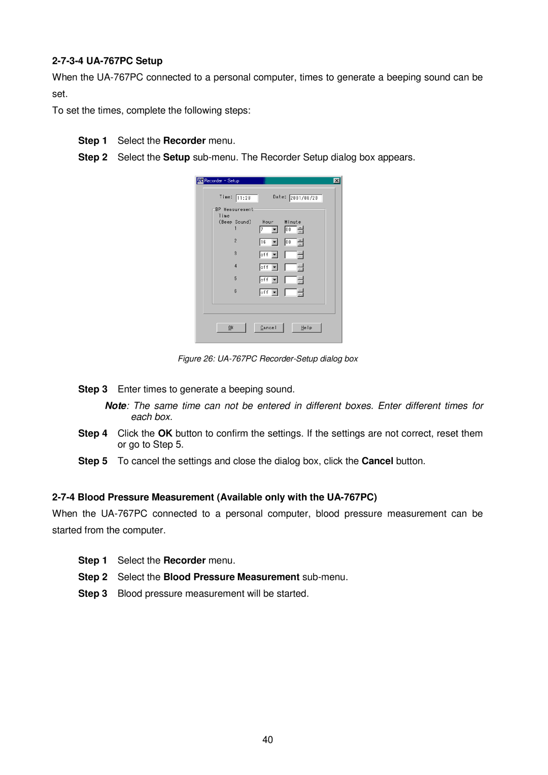 A&D TM-2430-13 instruction manual 3-4 UA-767PC Setup, Blood Pressure Measurement Available only with the UA-767PC 