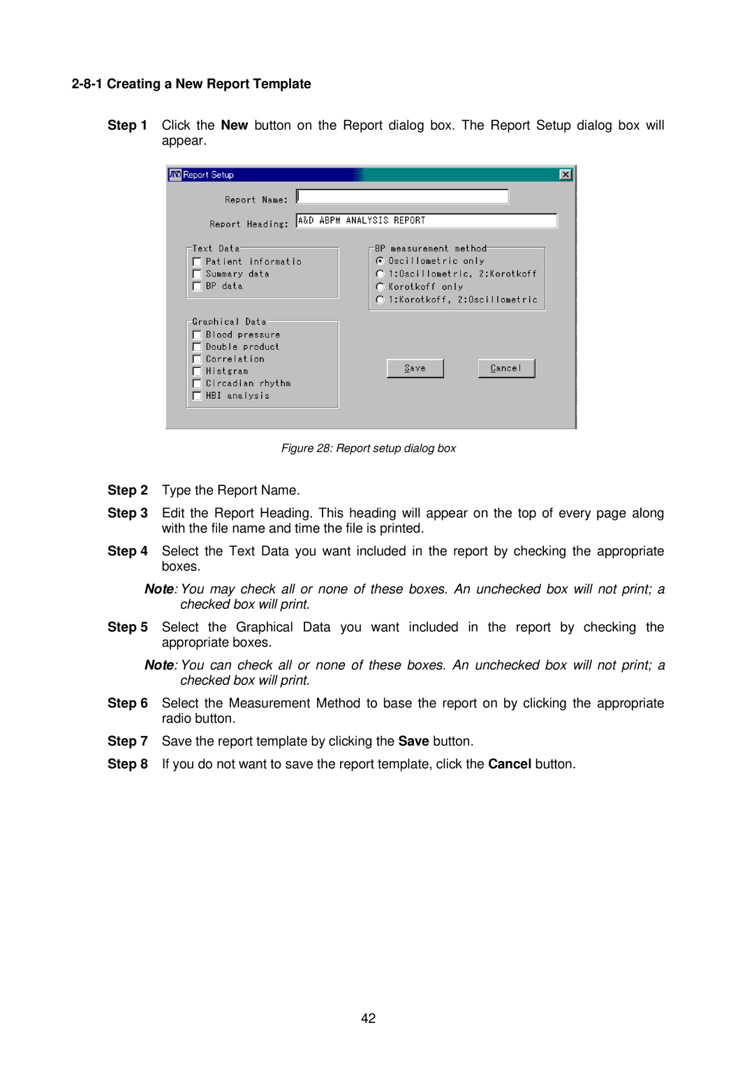 A&D TM-2430-13 instruction manual Creating a New Report Template, Report setup dialog box 