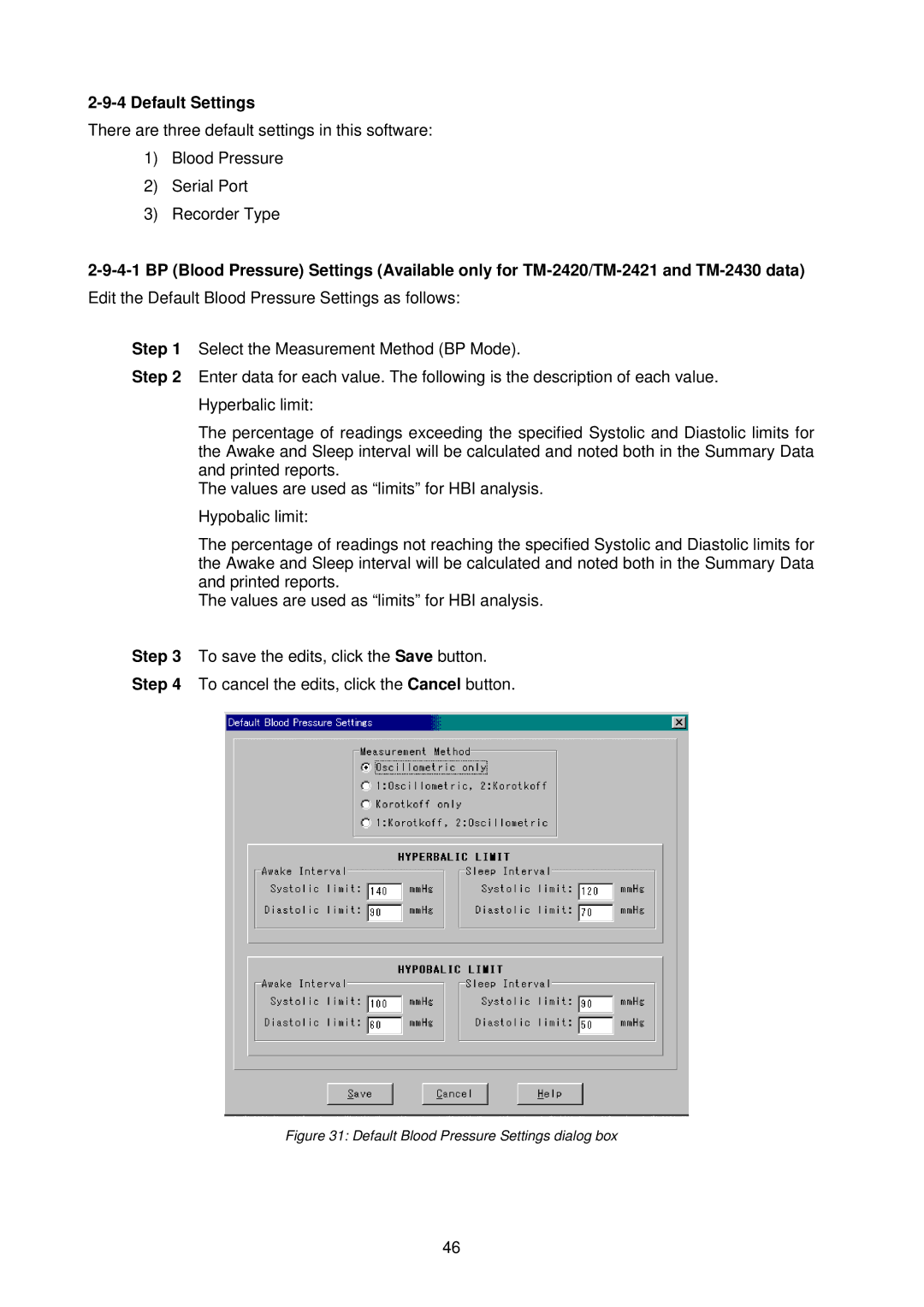 A&D TM-2430-13 instruction manual Default Blood Pressure Settings dialog box 