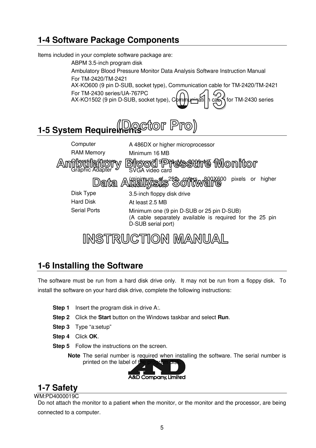 A&D TM-2430-13 Software Package Components, System Requirements, Installing the Software, Safety, Click OK 