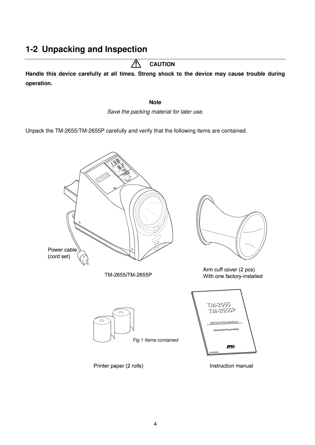 A&D TM-2655P manual Unpacking and Inspection, Items contained 