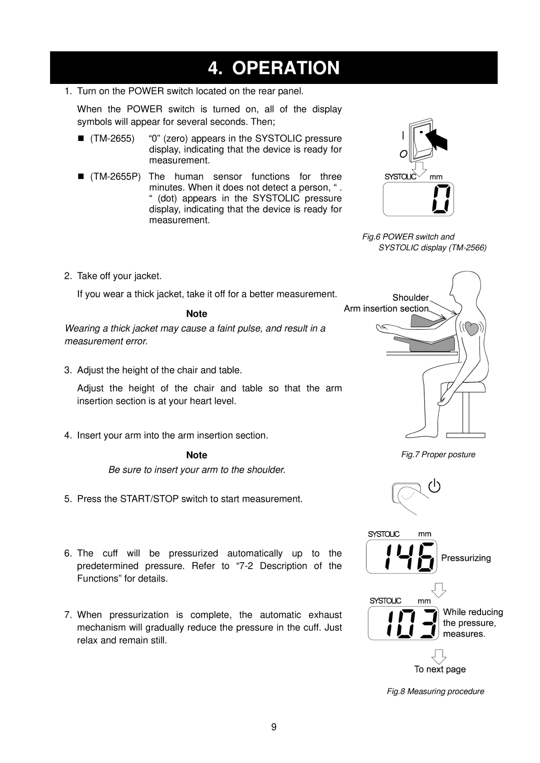 A&D TM-2655P manual Operation, Be sure to insert your arm to the shoulder 