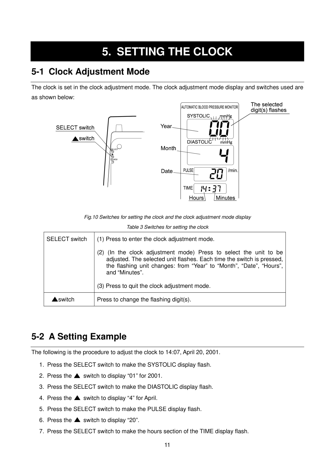 A&D TM-2655P manual Setting the Clock, Clock Adjustment Mode, Setting Example 