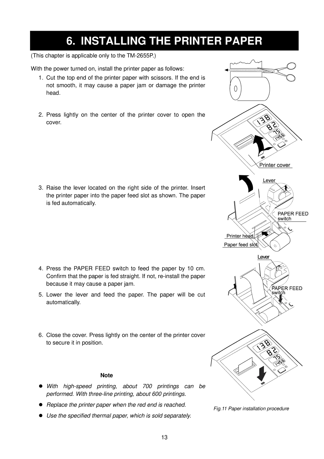 A&D TM-2655P manual Installing the Printer Paper, Paper installation procedure 