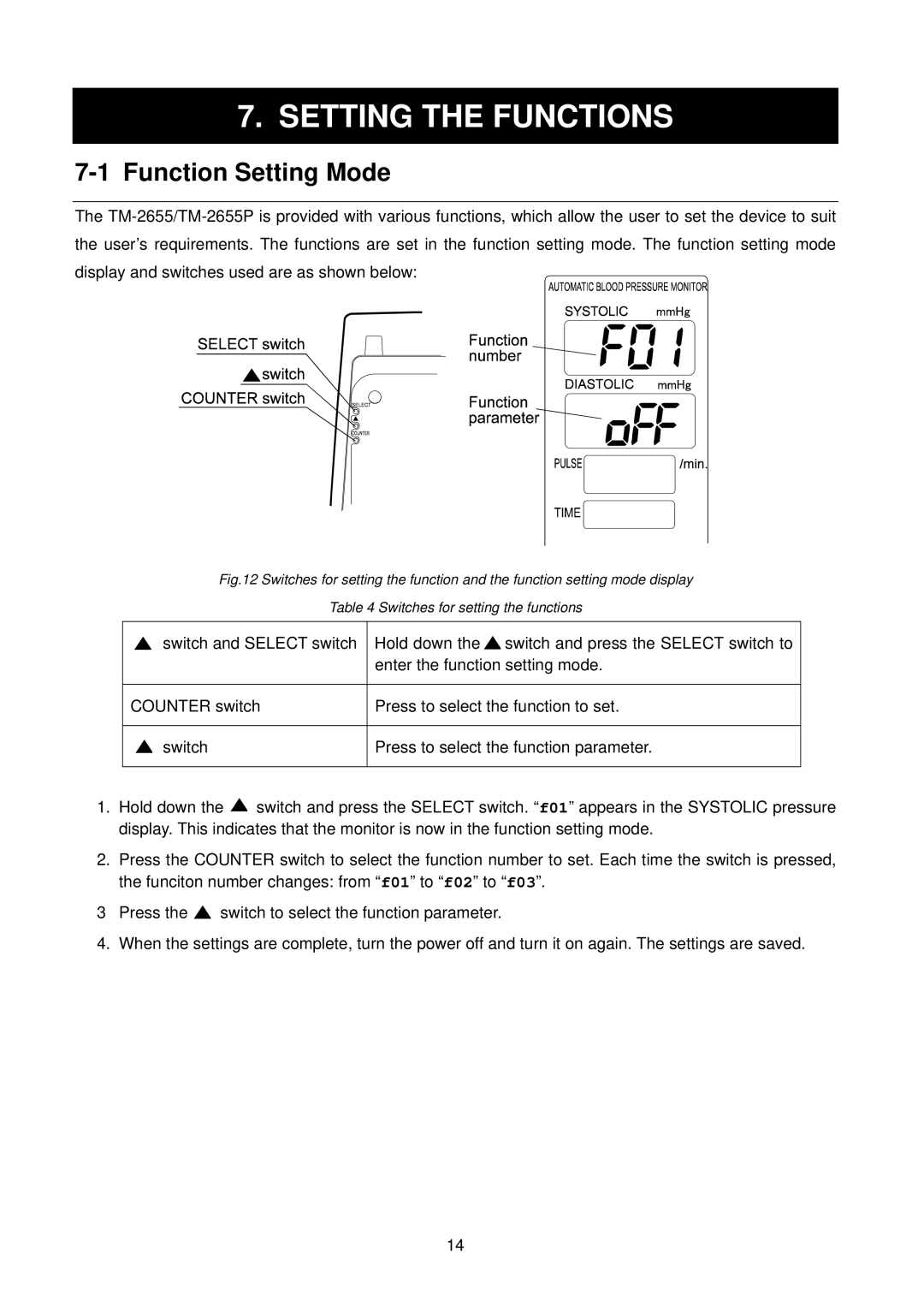 A&D TM-2655P manual Setting the Functions, Function Setting Mode 