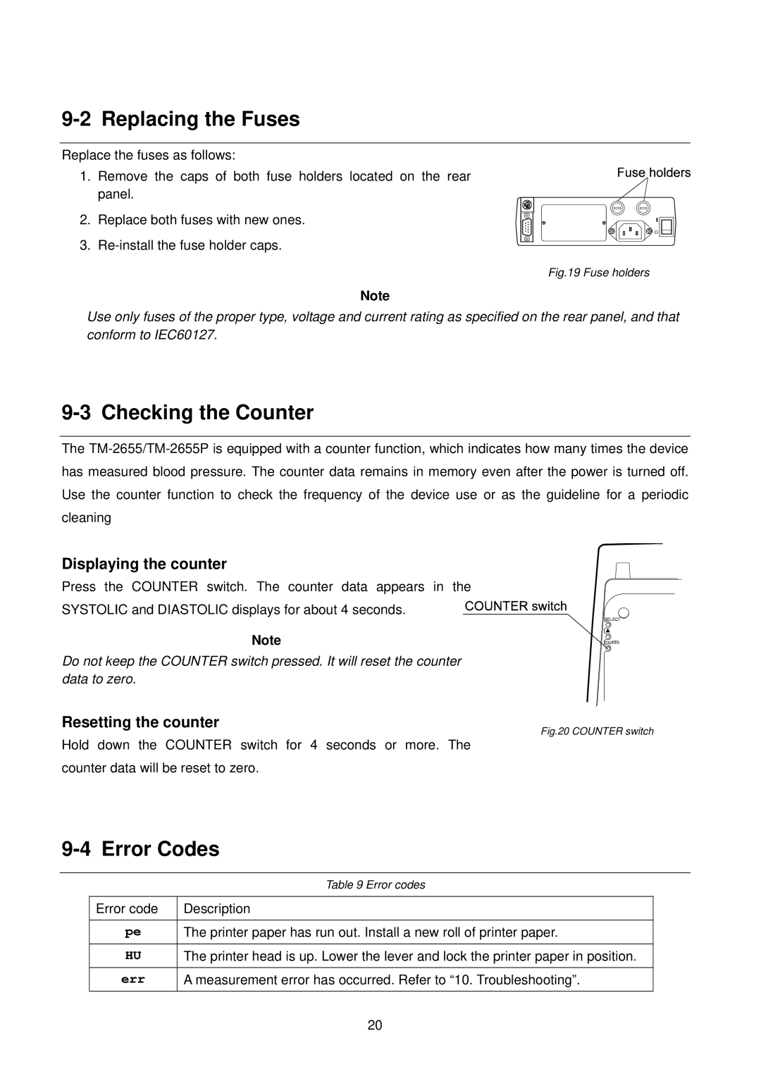 A&D TM-2655P manual Replacing the Fuses, Checking the Counter, Error Codes 