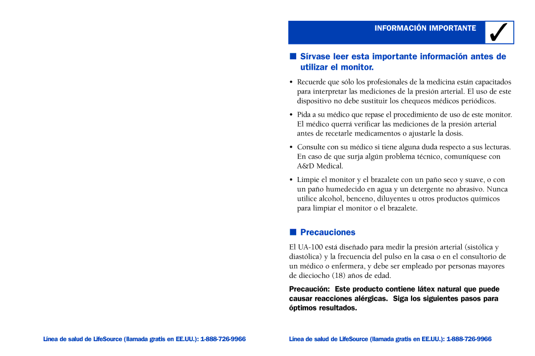 A&D UA-100 manual Precauciones, Información Importante 