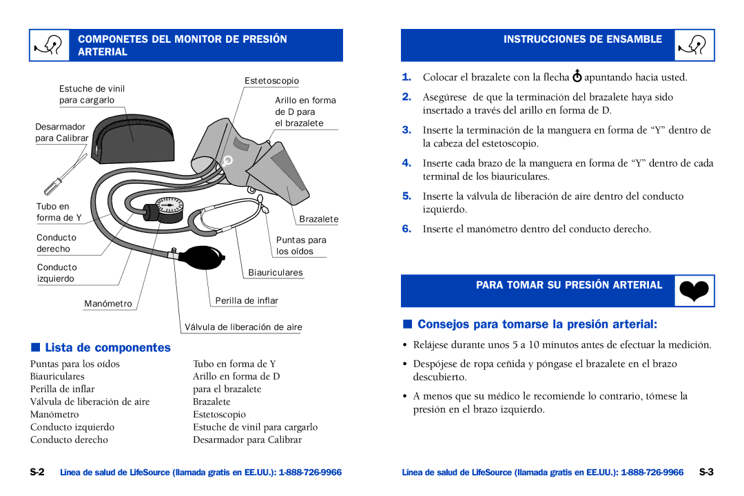 A&D UA-100 manual Lista de componentes, Consejos para tomarse la presión arterial, Para Tomar SU Presión Arterial 