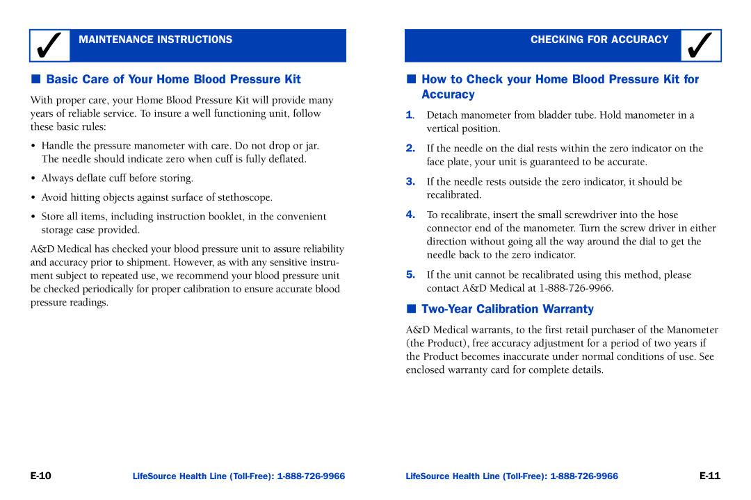 A&D UA-100 manual Basic Care of Your Home Blood Pressure Kit, How to Check your Home Blood Pressure Kit for Accuracy 