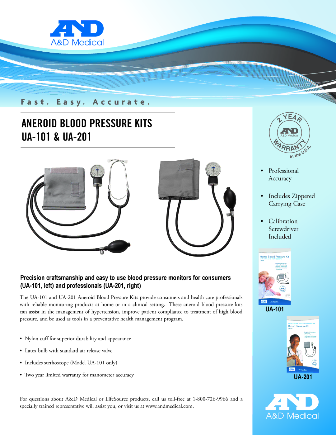 A&D warranty Aneroid Blood Pressure Kits, UA-101 & UA-201 