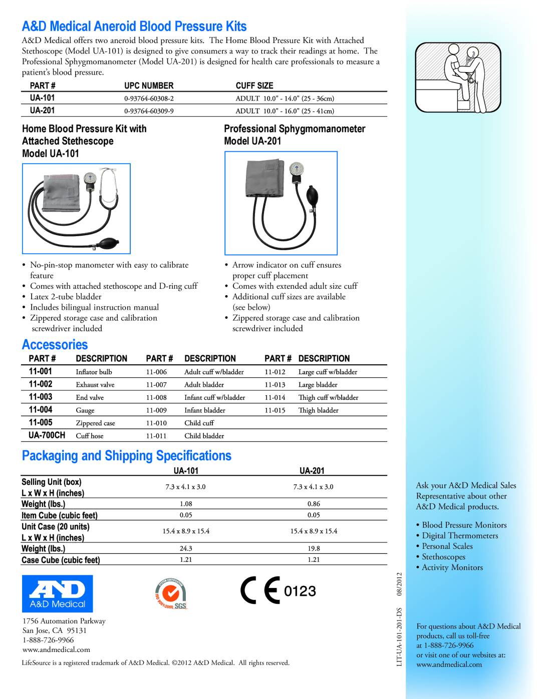 A&D UA-101, UA-201 warranty Medical Aneroid Blood Pressure Kits, Accessories Packaging and Shipping Specifications 