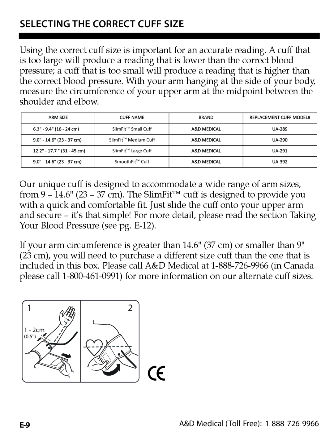 A&D UA-1020CN instruction manual Selecting the Correct Cuff Size 