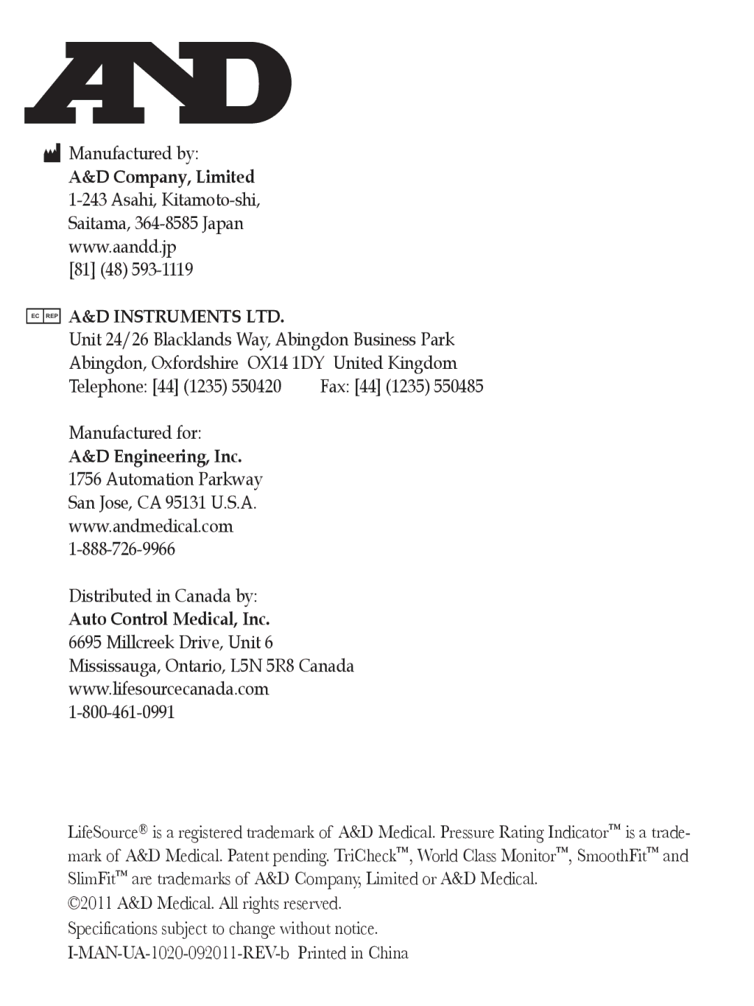 A&D UA-1020CN instruction manual Auto Control Medical, Inc 