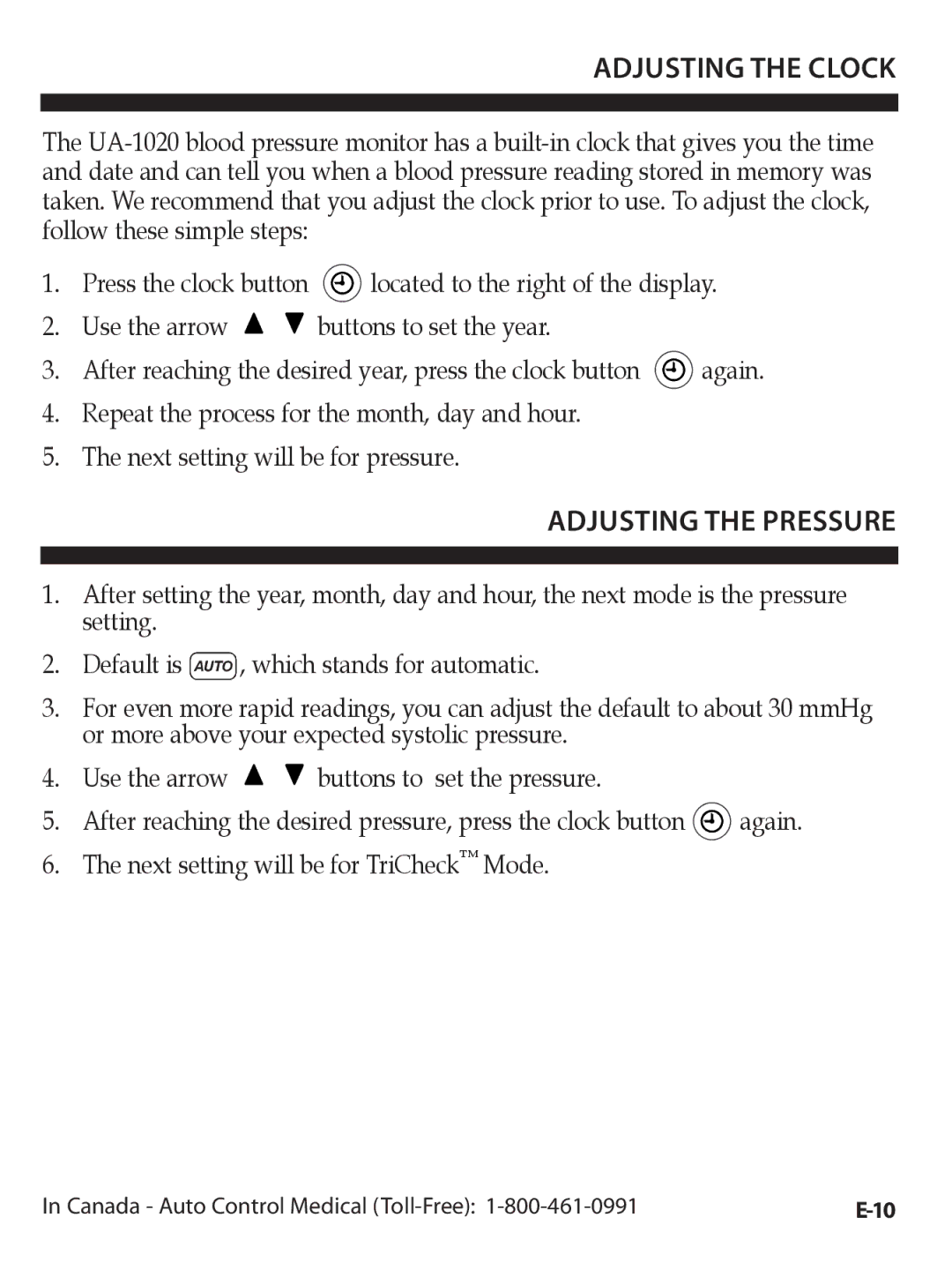 A&D UA-1020CN instruction manual Adjusting the Clock, Adjusting the Pressure 