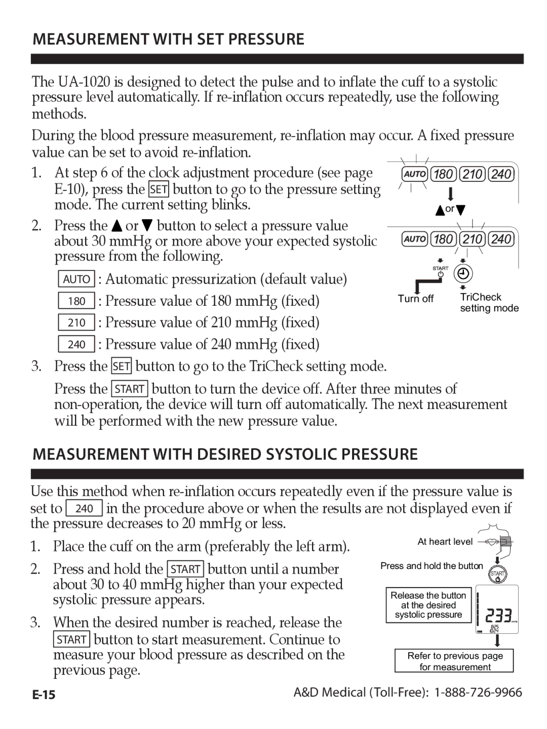 A&D UA-1020CN instruction manual Measurement with SET Pressure, Measurement with Desired Systolic Pressure 