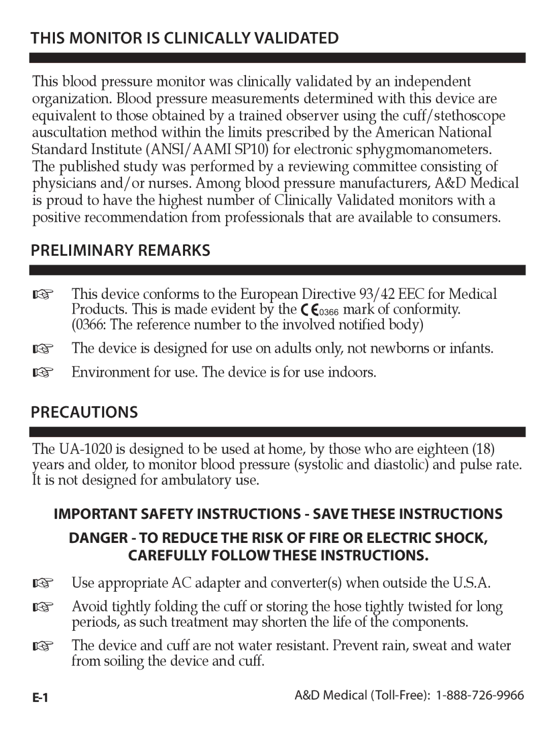 A&D UA-1020CN instruction manual This Monitor is Clinically Validated, Preliminary Remarks, Precautions 