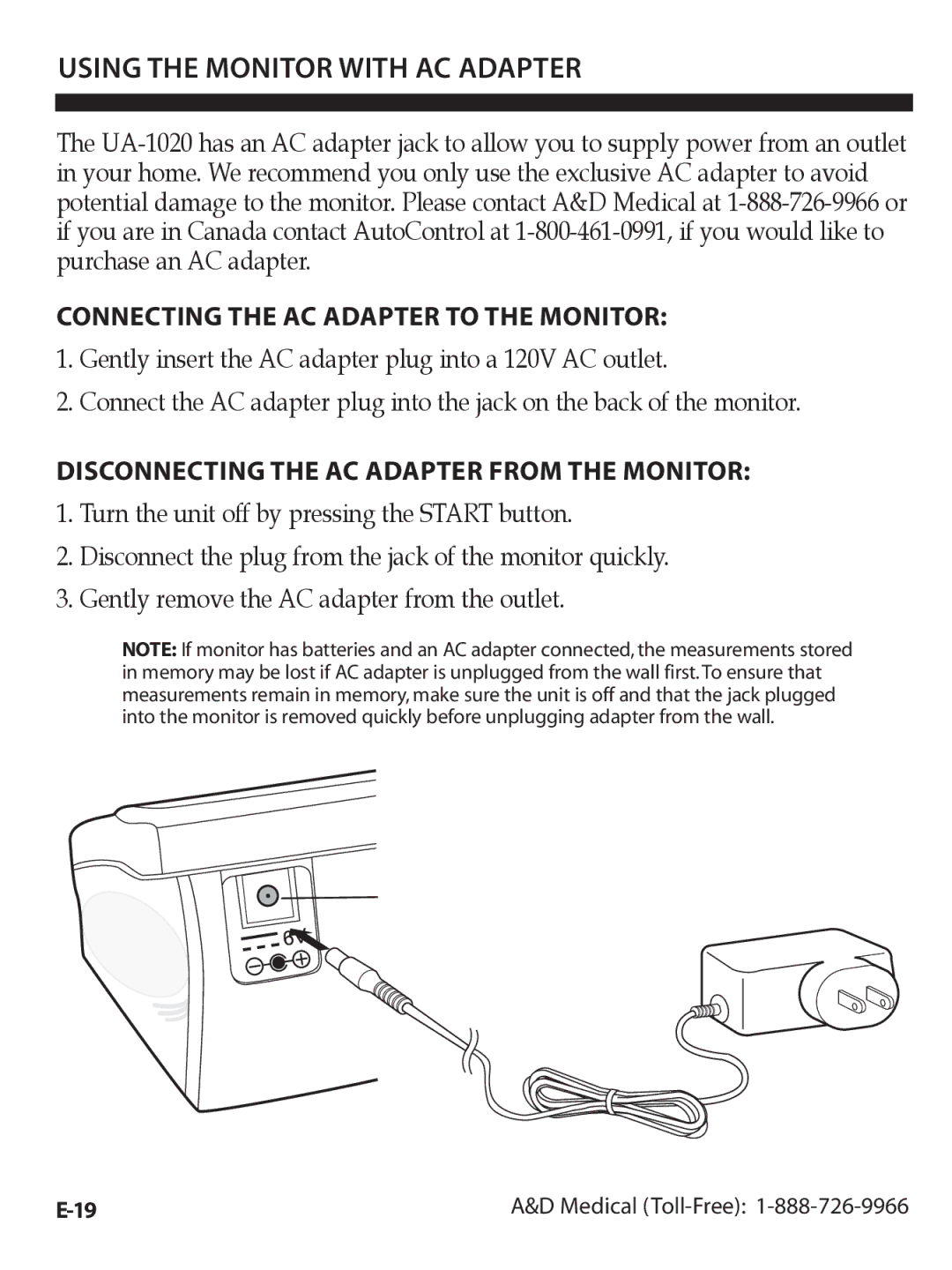 A&D UA-1020CN instruction manual Using the Monitor with AC Adapter, Connecting the AC Adapter to the Monitor 