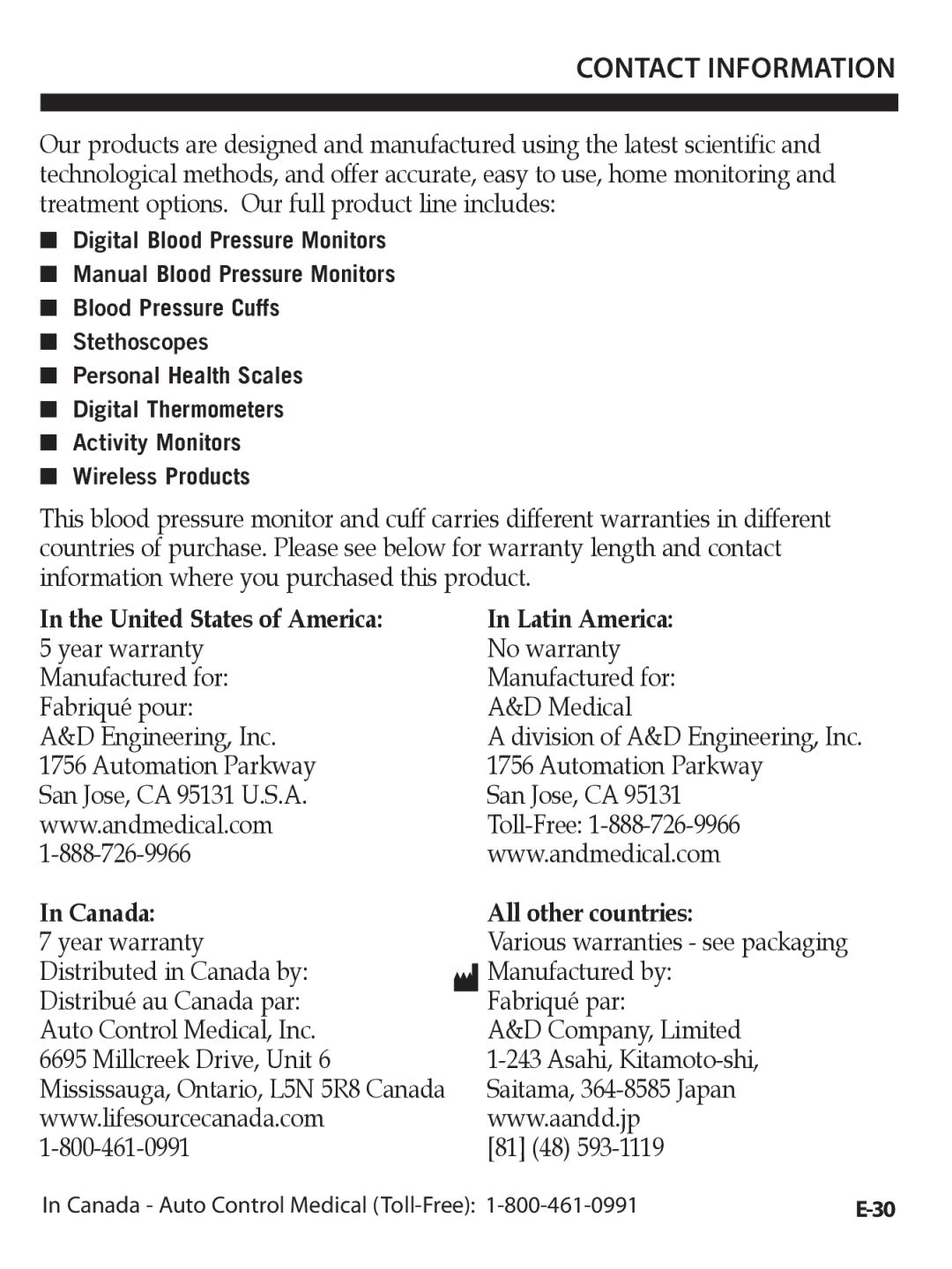 A&D UA-1020CN instruction manual Contact Information, Canada 