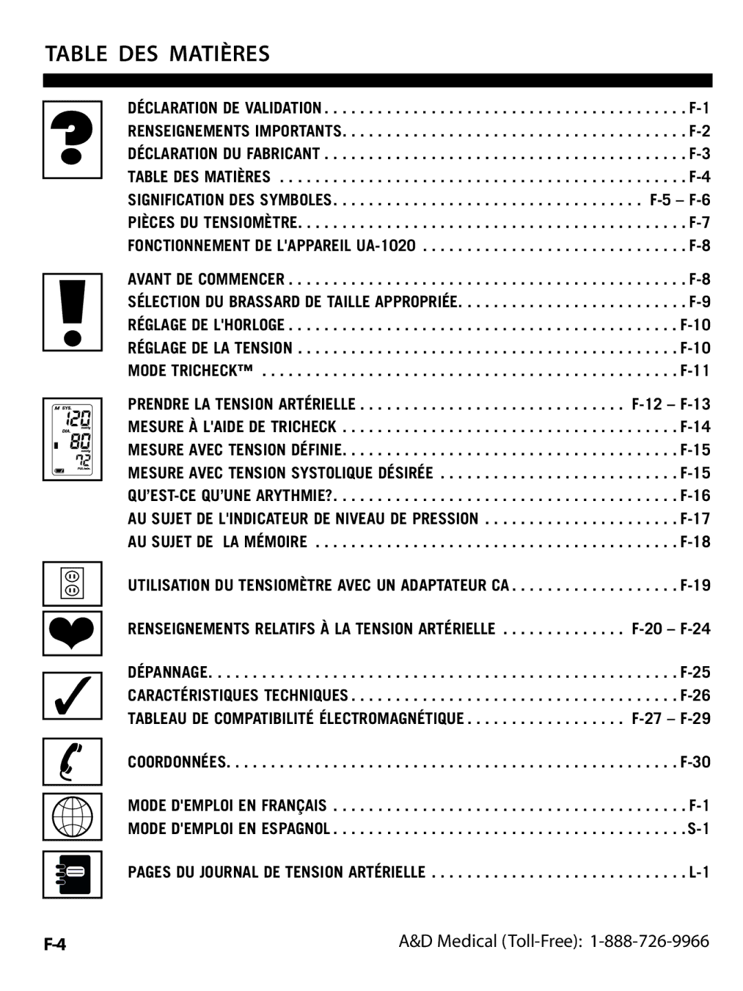 A&D UA-1020CN instruction manual Table DES Matières 