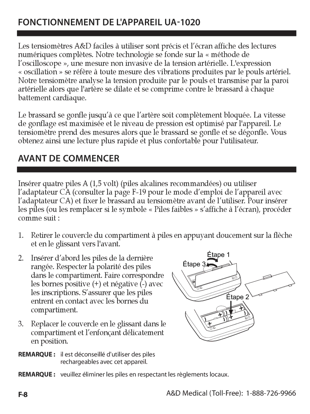 A&D UA-1020CN instruction manual Fonctionnement DE Lappareil UA-1020, Avant DE Commencer 