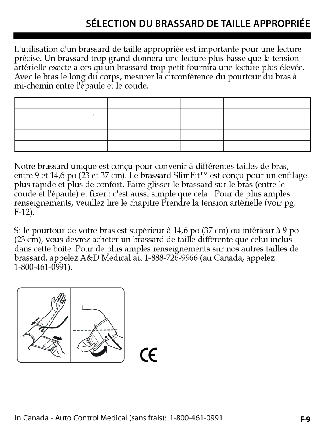 A&D UA-1020CN instruction manual Sélection DU Brassard DE Taille Appropriée 