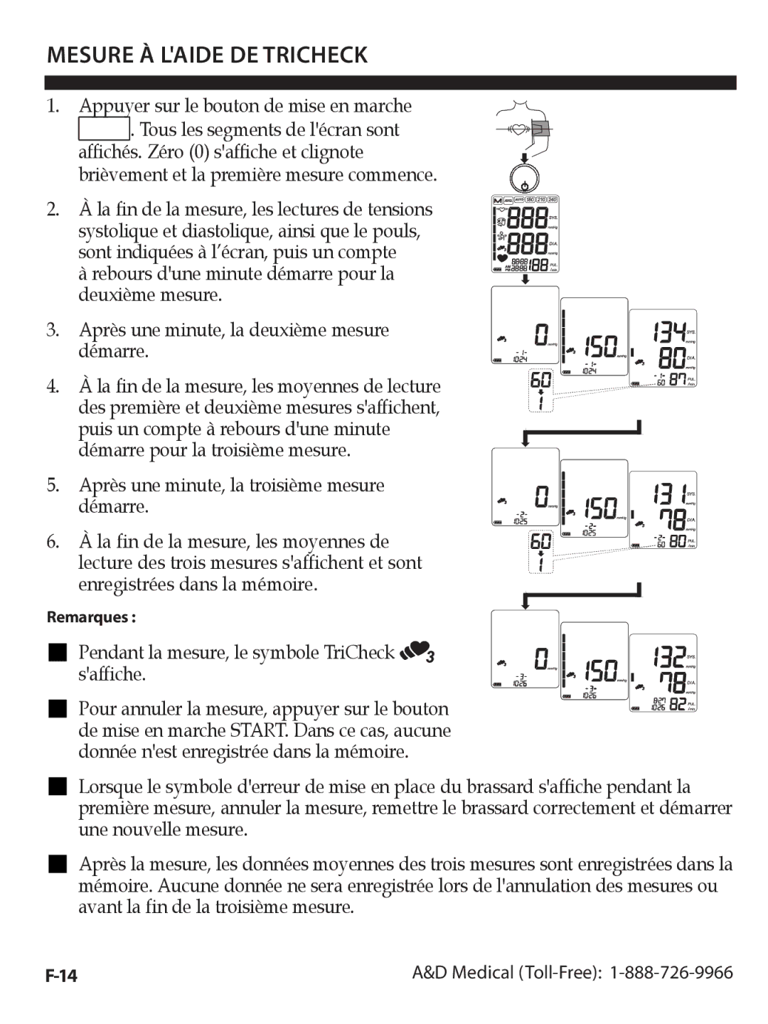 A&D UA-1020CN instruction manual Mesure À Laide DE Tricheck, Remarques 