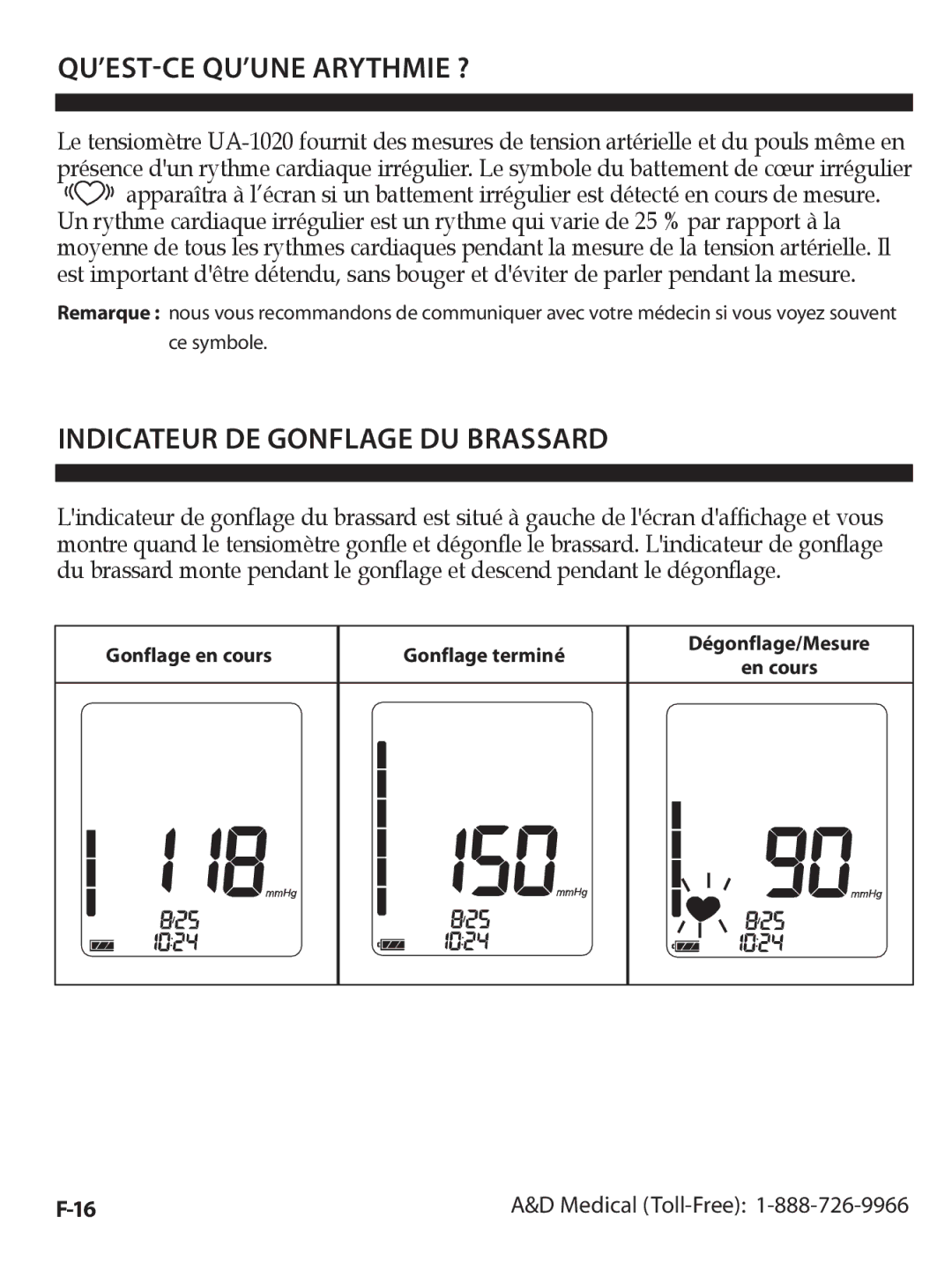 A&D UA-1020CN instruction manual QU’EST-CE QU’UNE Arythmie ?, Indicateur DE Gonflage DU Brassard 