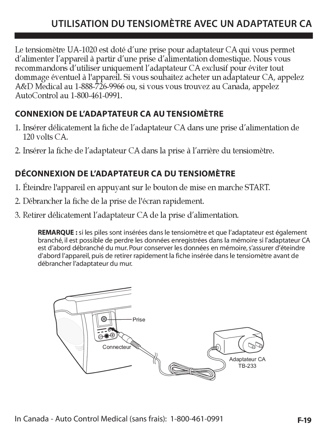 A&D UA-1020CN Utilisation DU Tensiomètre Avec UN Adaptateur CA, Connexion DE L’ADAPTATEUR CA AU Tensiomètre 