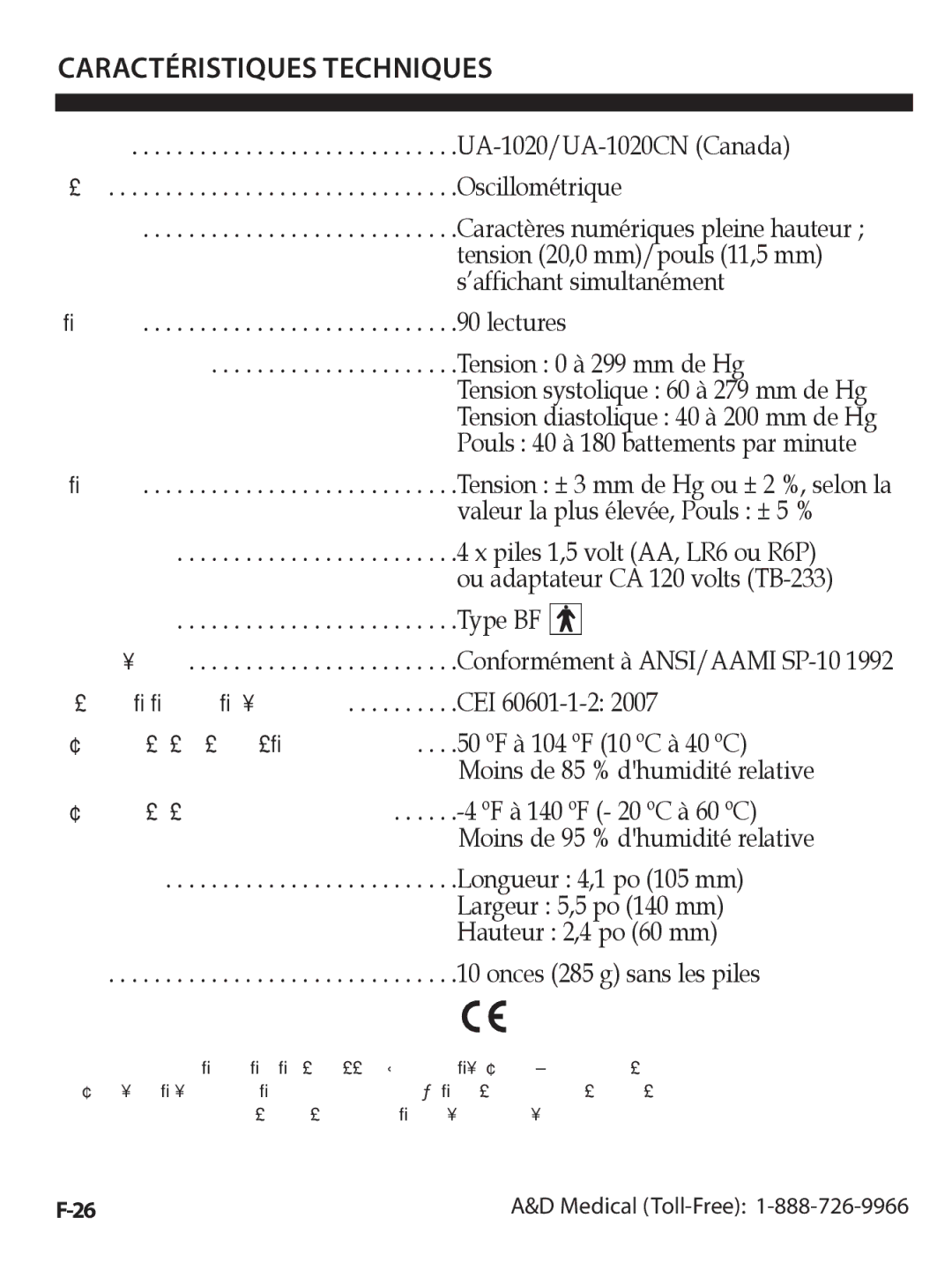 A&D UA-1020CN instruction manual Caractéristiques Techniques, Tension 0 à 299 mm de Hg 