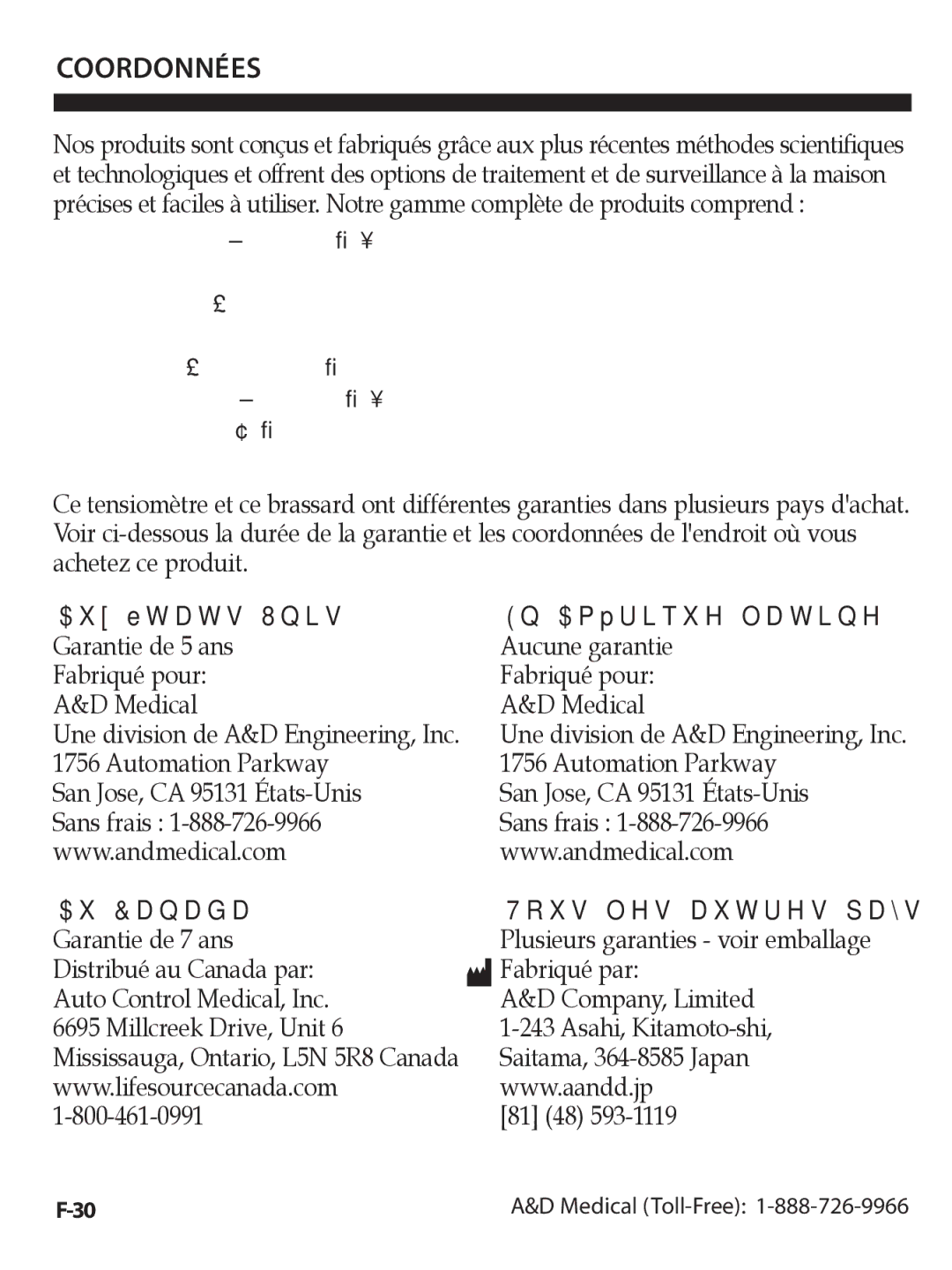 A&D UA-1020CN instruction manual Coordonnées, Tous les autres pays 