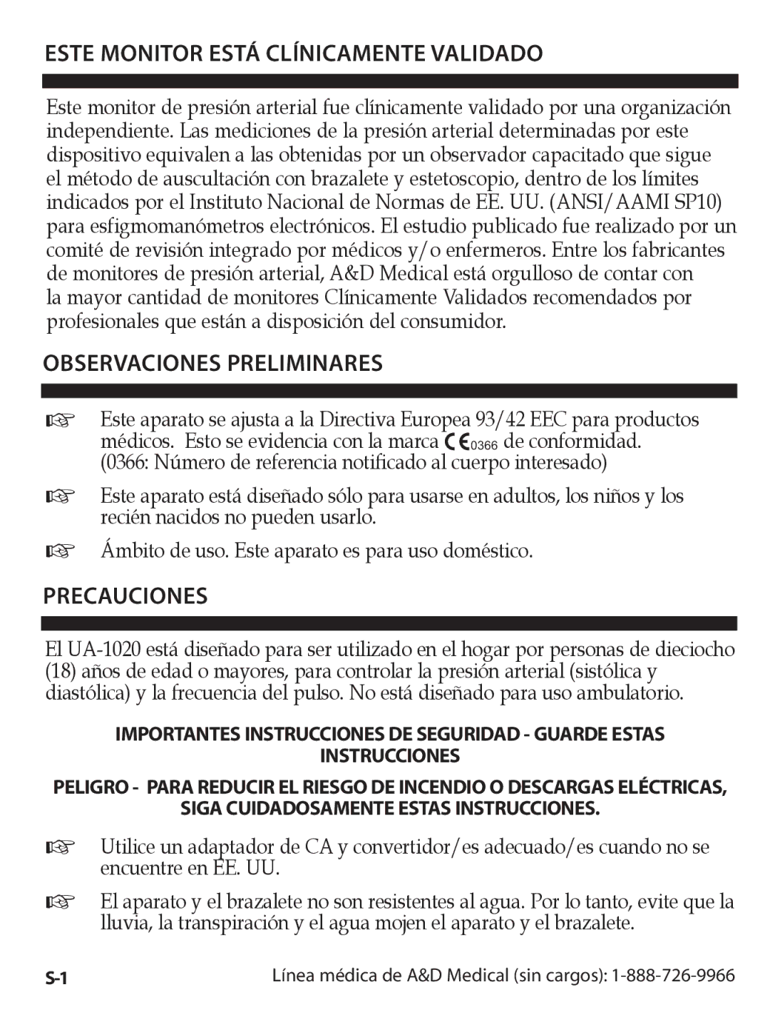 A&D UA-1020CN instruction manual Este Monitor Está Clínicamente Validado, Observaciones Preliminares, Precauciones 