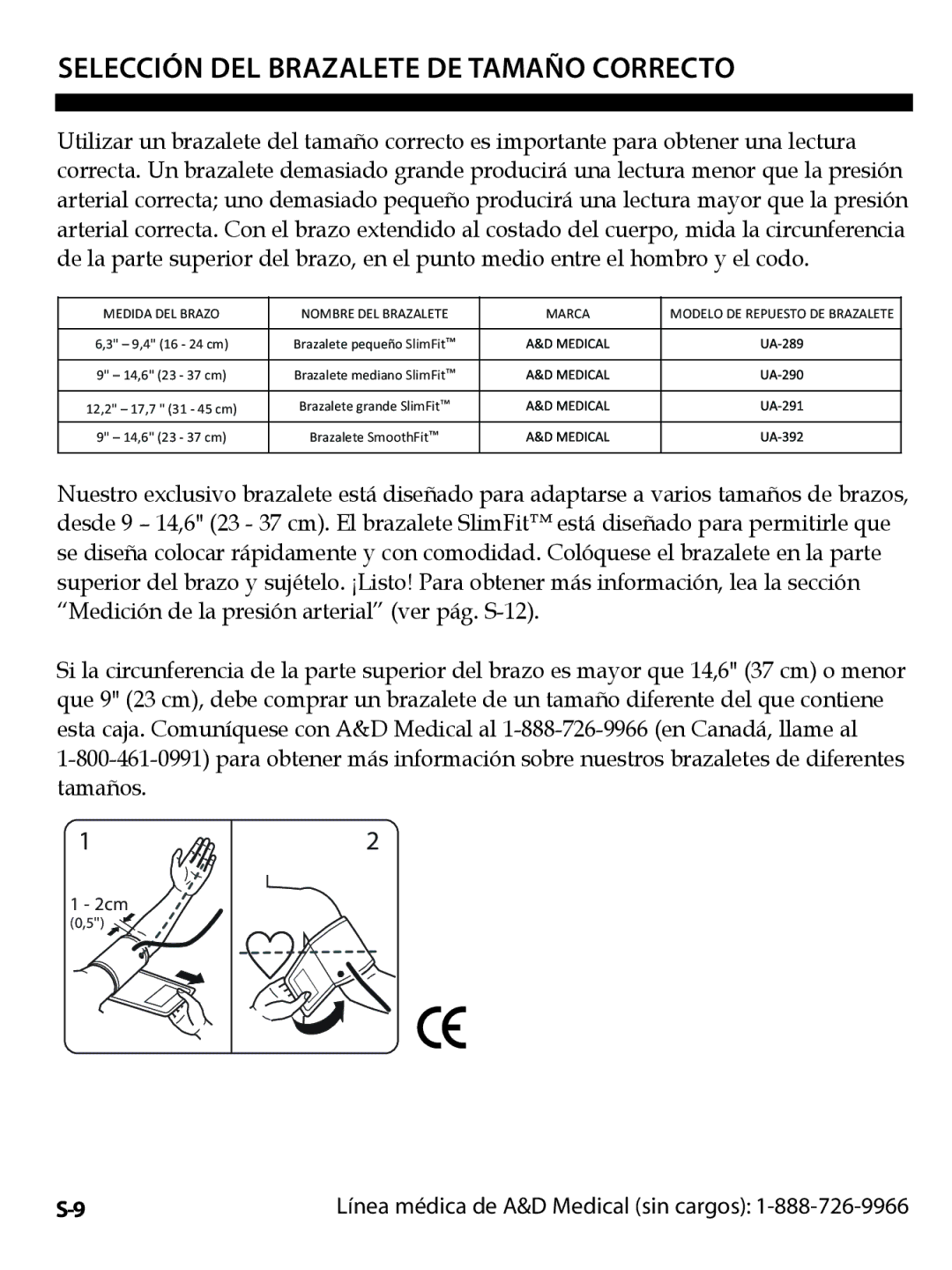 A&D UA-1020CN instruction manual Selección DEL Brazalete DE Tamaño Correcto 