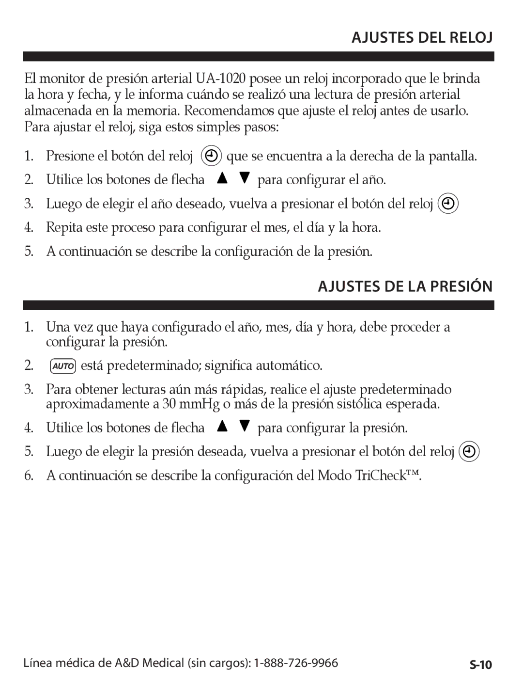 A&D UA-1020CN instruction manual Ajustes DEL Reloj, Ajustes DE LA Presión 